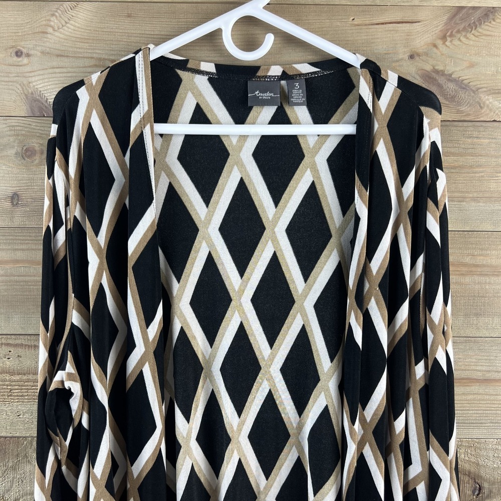 Chicos Travelers Womens Cardigan Open Front Slinky Geometric Career Size 3 XL‎ - Picture 2 of 7